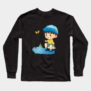 Cute Fishing Boy Angler Fisherman Kids Long Sleeve T-Shirt